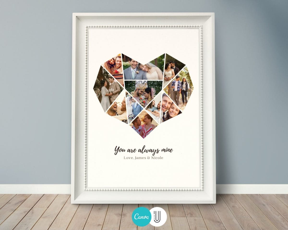Finished heart photo collage printed and framed