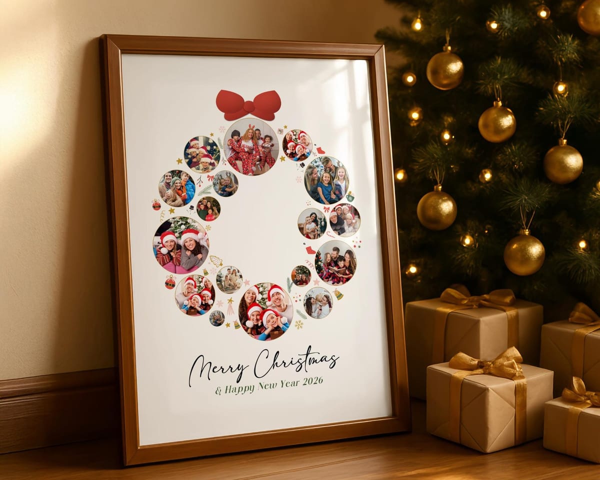 Christmas wreath photo collage with a red bow, framed