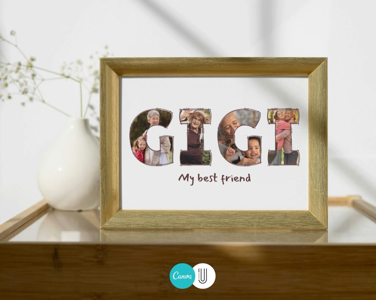 GIGI photo collage framed on a wooden shelf