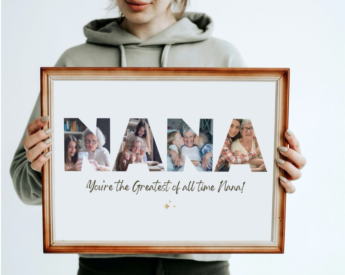 Personalized NANA photo collage framed on a shelf, a Grandparents Day gift