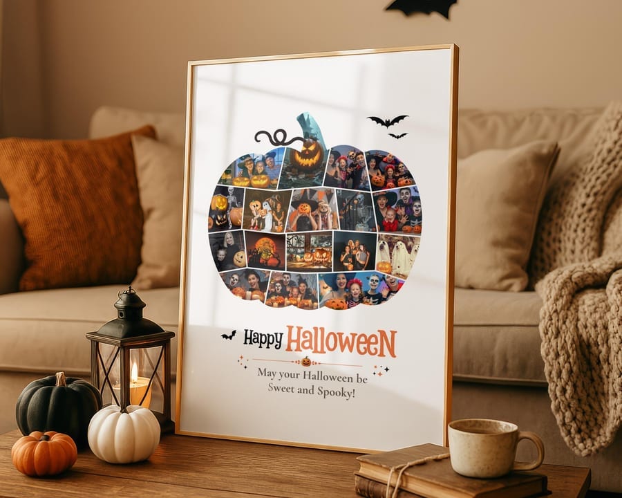 Pumpkin-shaped photo collage filled with family fall photos, framed