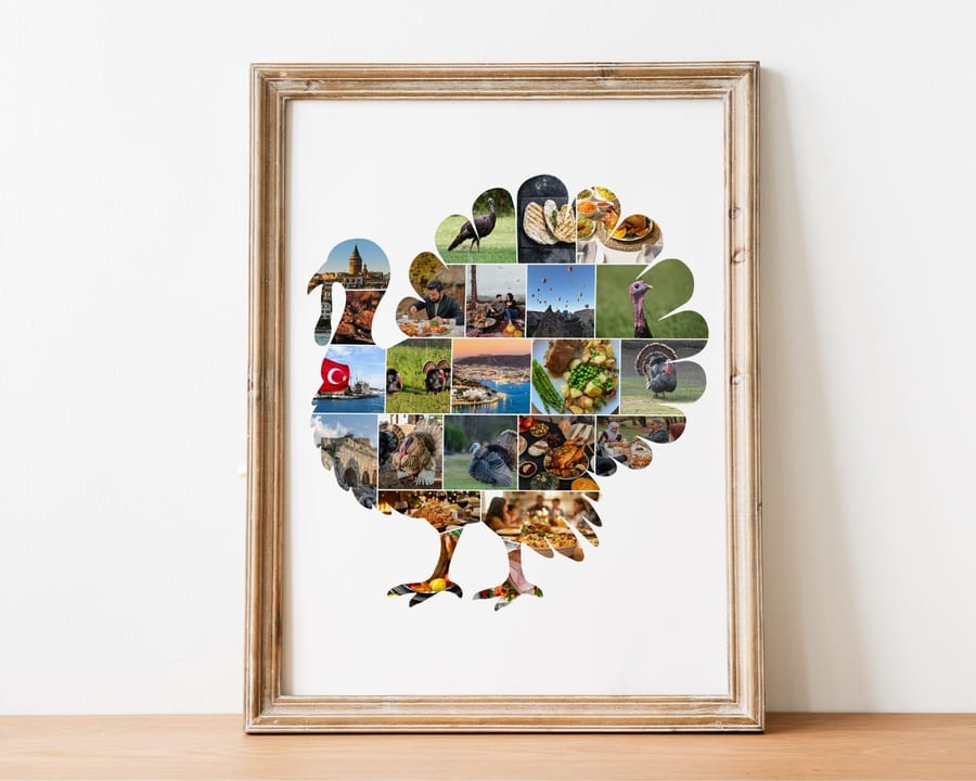 Turkey-shaped Thanksgiving photo collage filled with family photos