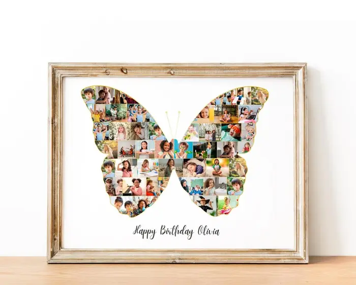 Butterfly photo collage packed with many small photos, framed