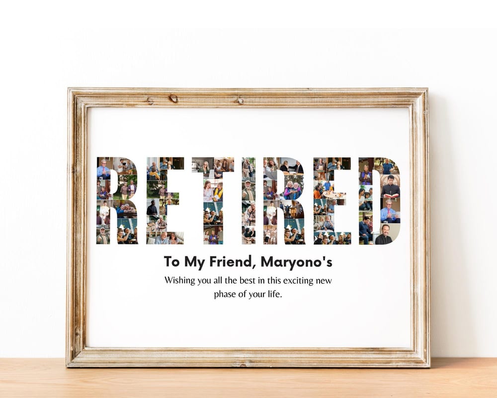 RETIRED word photo collage filled with career photos, framed