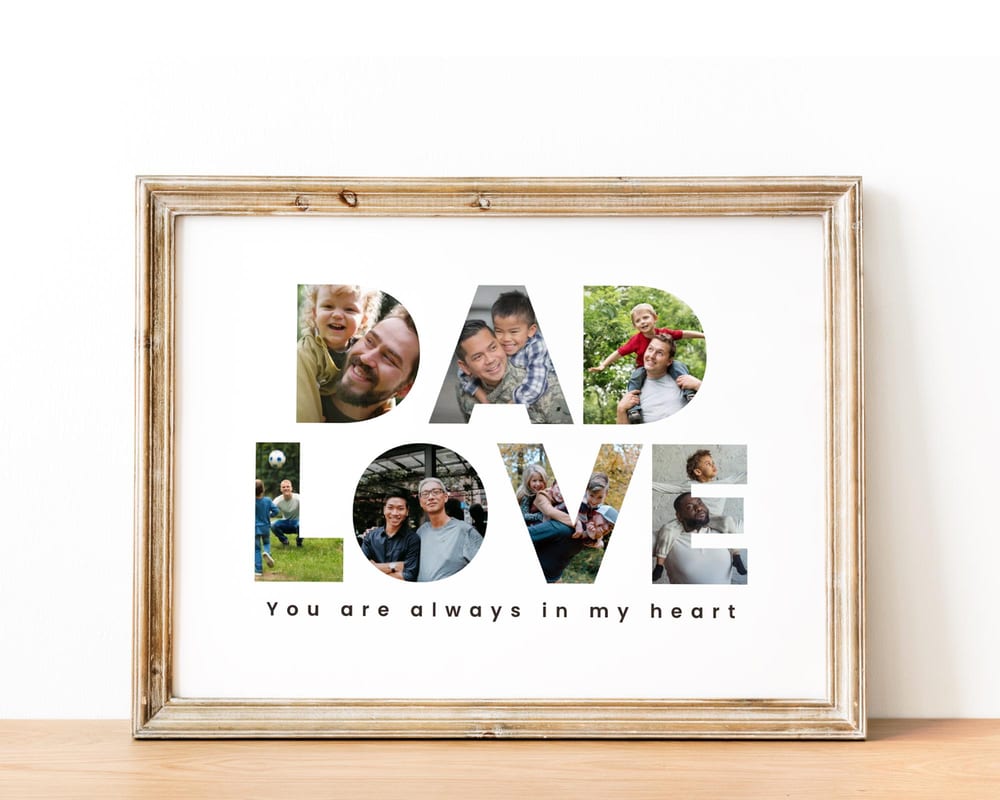 Photo collage printed and displayed in a wooden frame
