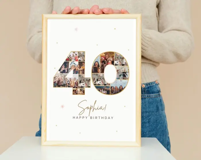 40th birthday number photo collage, framed on a wall