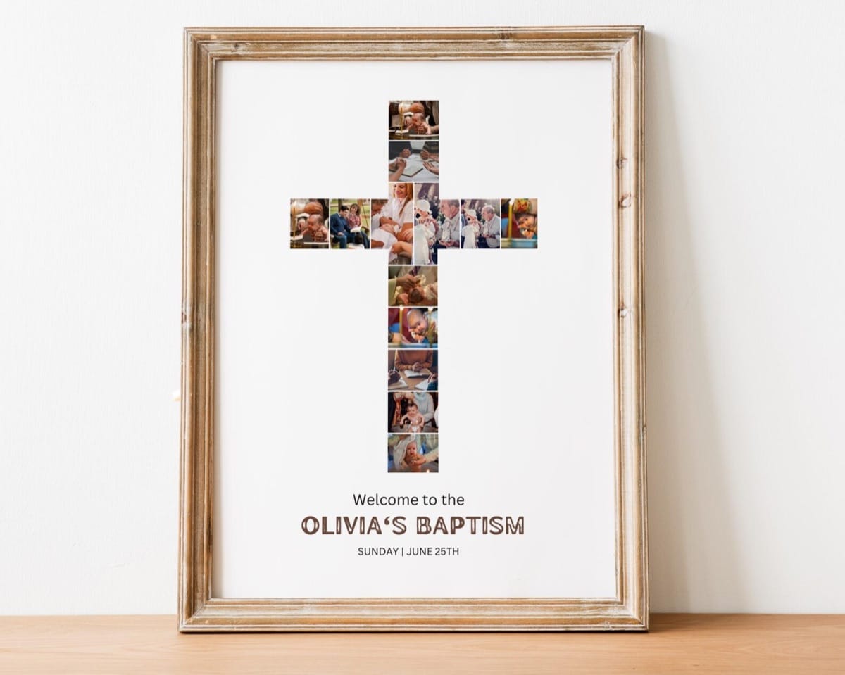 Cross photo collage for a baptism keepsake