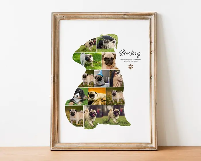 Dog-shaped photo collage filled with photos, a personalized dog mom gift
