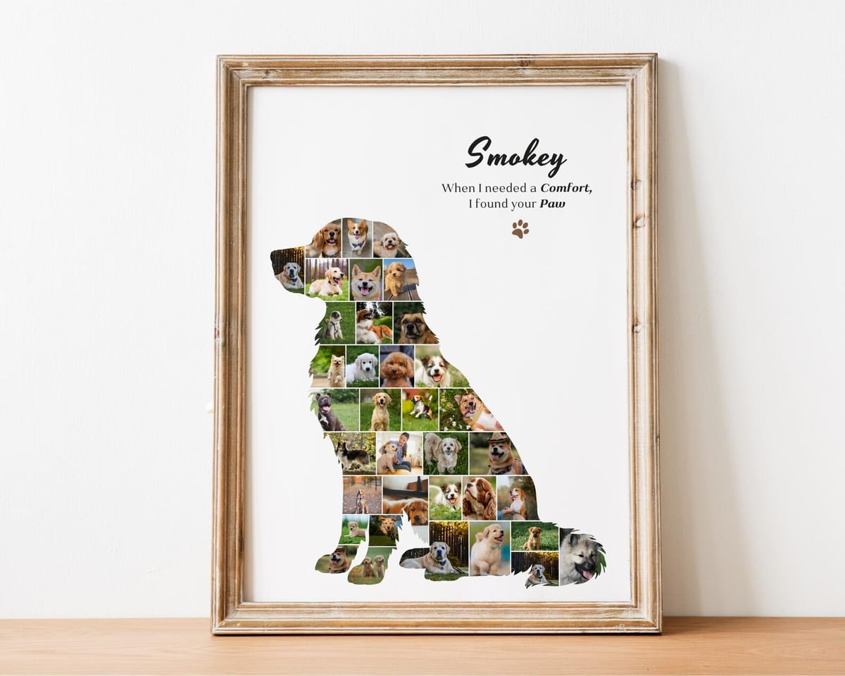 Golden retriever shaped photo collage filled with photos