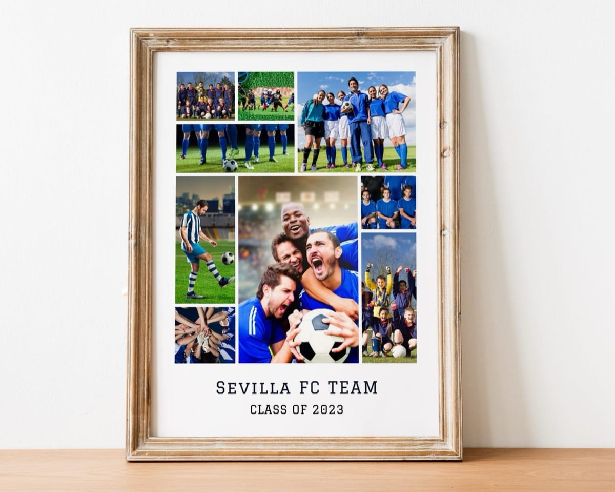 Personalized football team photo collage in a wooden frame