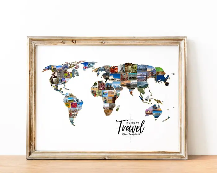 World map photo collage filled with travel photos