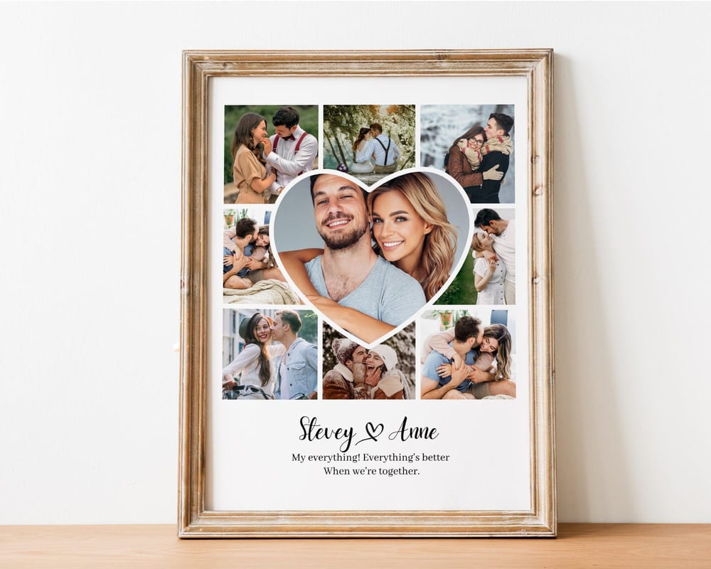 Heart shaped couple love photo collage for an anniversary, framed