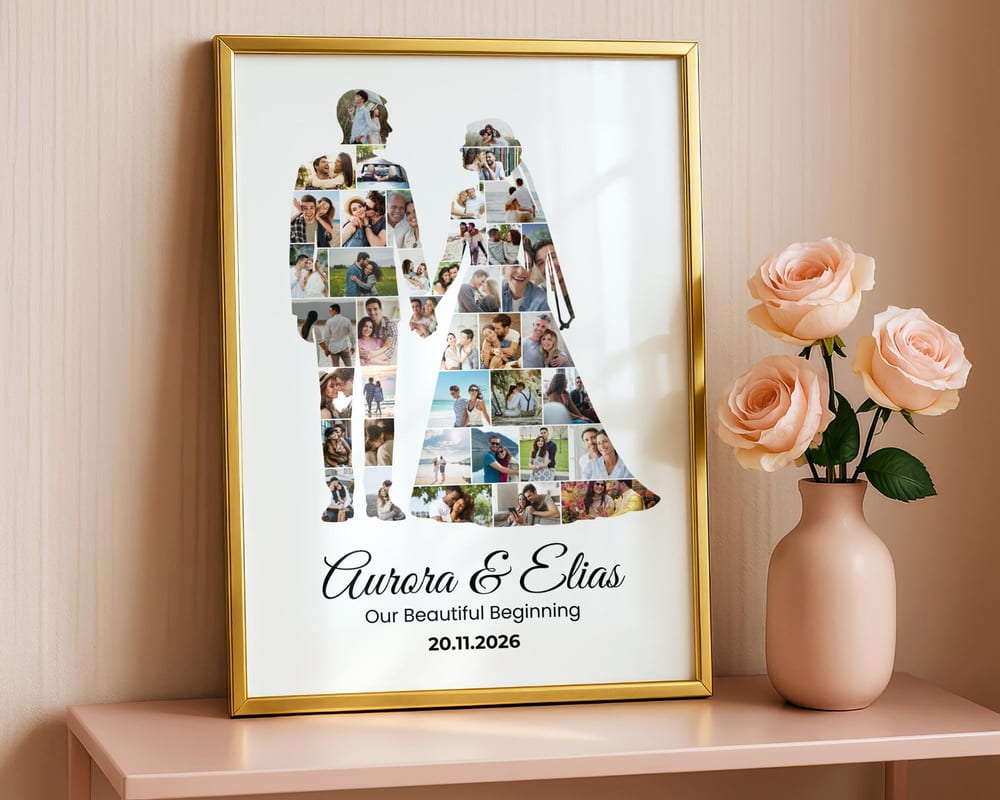 Couple silhouette photo collage filled with photos of the two of you