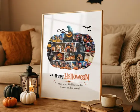 Pumpkin-shaped photo collage template for fall