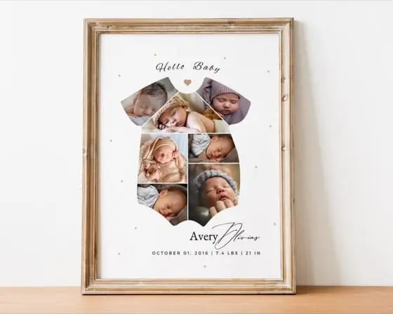 Newborn Photo Collage Baby Stats Birth Announcement Canva Template Baby Girl Collage Frame Personalized Gifts Baby Gift Poster